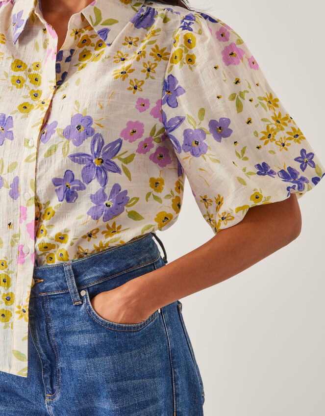 Madeline Floral Puff-Sleeve Shirt , Ivory (IVORY), large