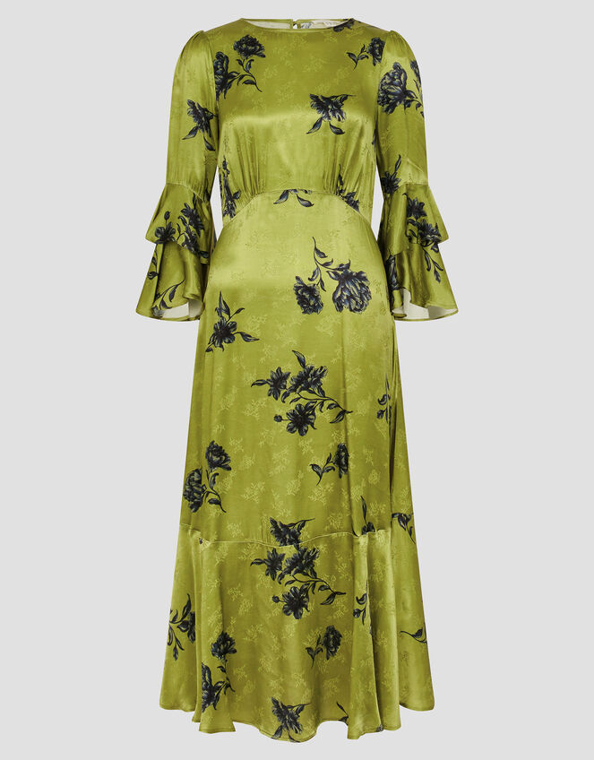 Pelia Satin Ruffle Midi Dress Green