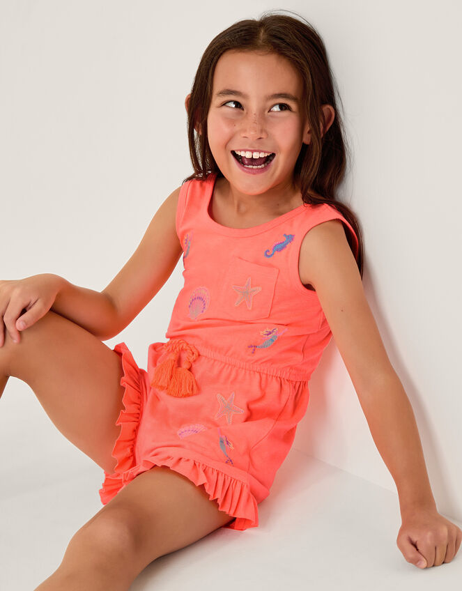 Sea Life Embroidered Jersey Playsuit, Orange (ORANGE), large