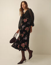 Abril V-Neck Floral Devor&eacute; Velvet Midi Dress , Black (BLACK), large