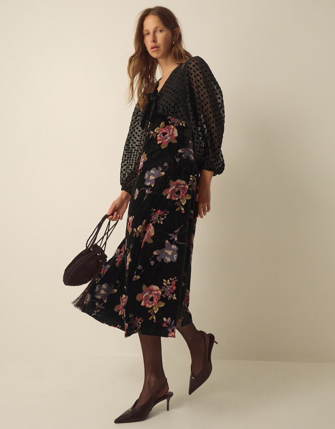 Abril V-Neck Floral Devor&eacute; Velvet Midi Dress , Black (BLACK), large