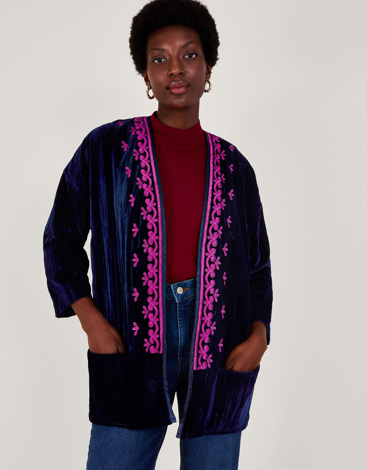 Leah Embroidered Velvet Kimono Blue
