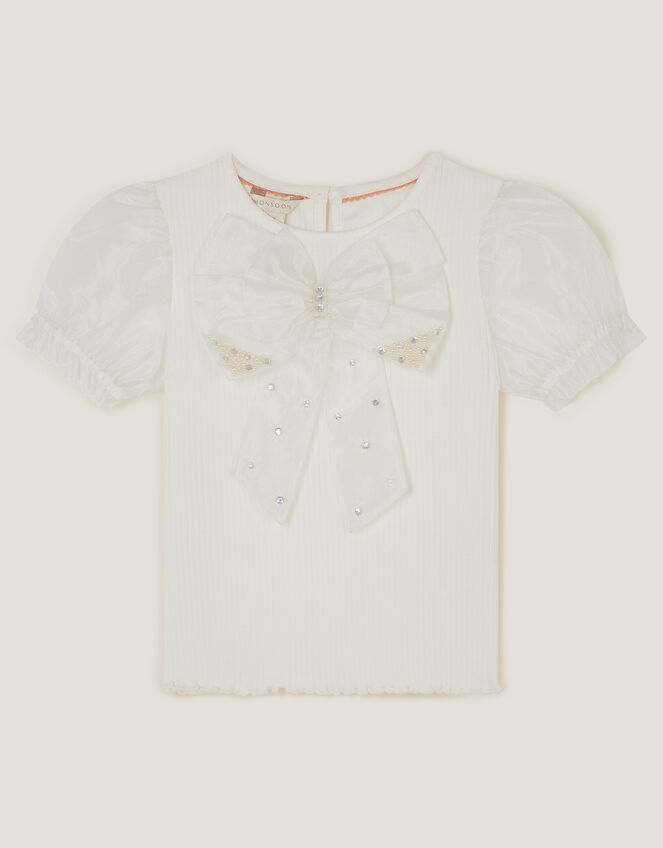 Embellished Puff Sleeve Bow T-Shirt, Ivory (IVORY), large