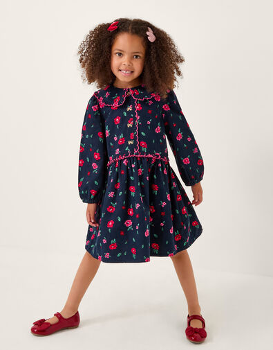 Floral Print Corduroy Dress, Blue (NAVY), large