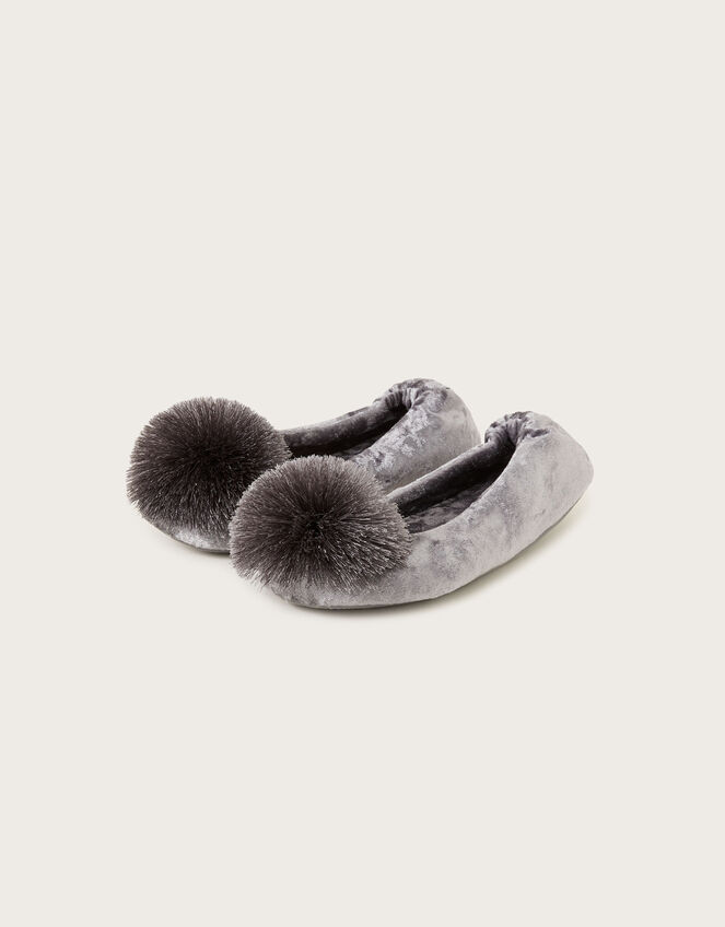 Velvet Pom-Pom Ballerina Flat Slippers, Grey (GREY), large