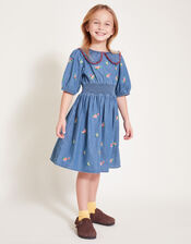 Floral Embroidered Chambray Dress, Blue (BLUE), large
