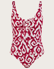 Ikat Print Tie-Up Swimsuit with Recycled Polyester, ROUGE, large