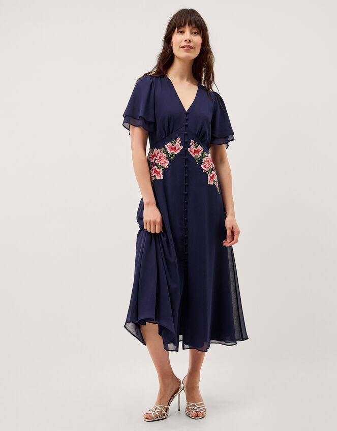 Coraline Floral Embroidered Midi Dress Blue