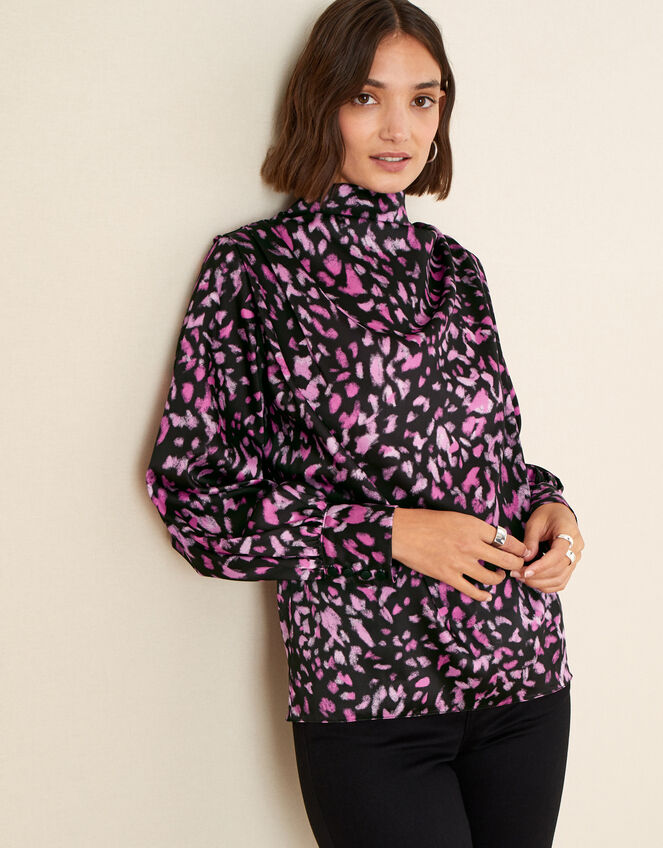 Niya Animal Cowl Neck Blouse, Black (BLACK), large