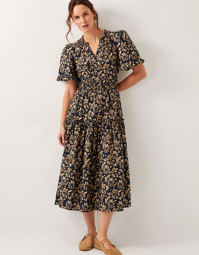 Bryony Leaf Print Midi Dress, Black (BLACK), large