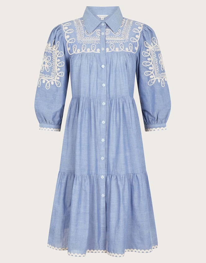 Damia Embroidered Chambray Mini Shirt Dress, Blue (DENIM BLUE), large