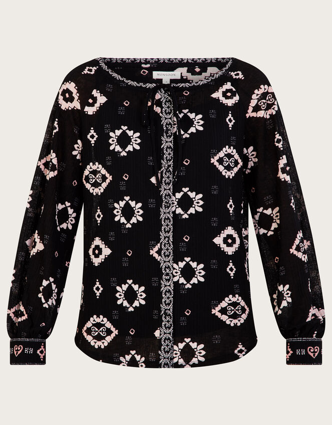 All Over Geometric Jersey Top with Recycled Polyester, Black (BLACK), large