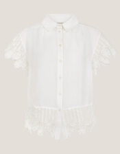 Lara Linen-Blend Short Sleeve Shirt, White (WHITE), large