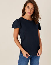 Flutter Sleeve T-Shirt in Pure Linen, Blue (NAVY), large