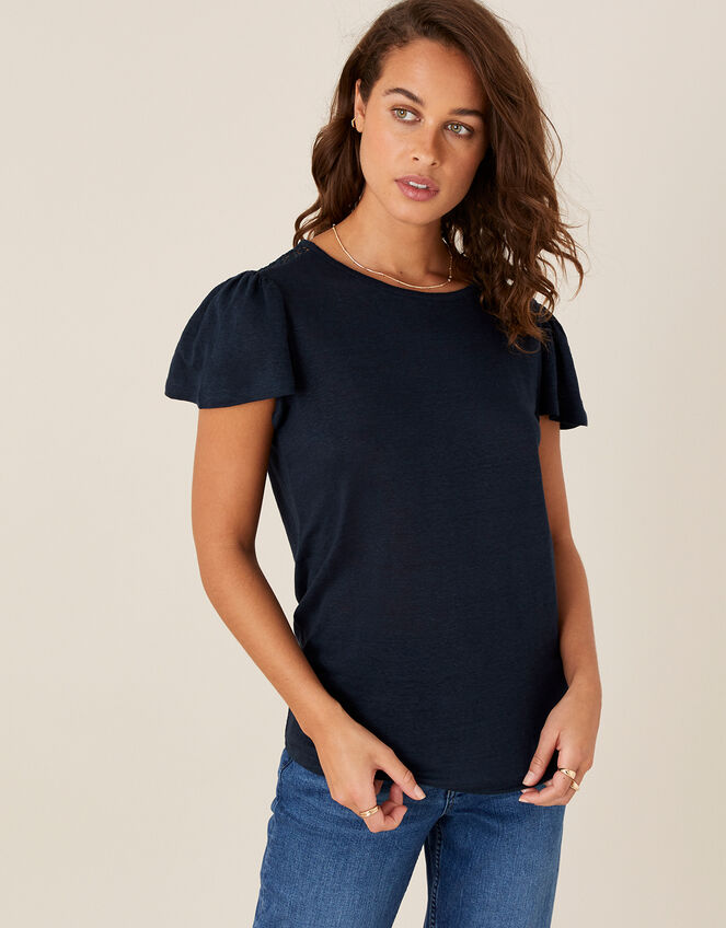 Flutter Sleeve T-Shirt in Pure Linen, Blue (NAVY), large