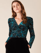 Sadie Animal Stretch Velvet Devore Top, Teal (TEAL), large