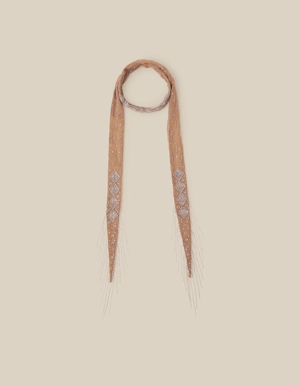 Enid Embellished Tassel Skinny Scarf, , large