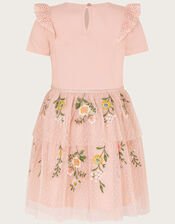 Short Sleeve Floral Embroidered Tulle Dress, Pink (PINK), large