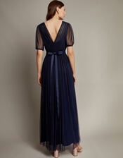 Ellie Sheer Sleeve Plunge Tulle Maxi Dress, Blue (NAVY), large