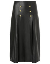 Gold Button Leather-Look Skirt, Black (BLACK), large