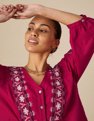 Embroidered Shirt in Linen Blend Red, Red (RED), large
