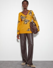 Jess V-Neck Floral Jacquard Jumper, Yellow (OCHRE), large
