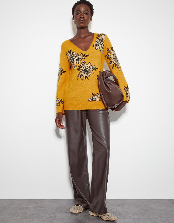Jess V-Neck Floral Jacquard Jumper, Yellow (OCHRE), large