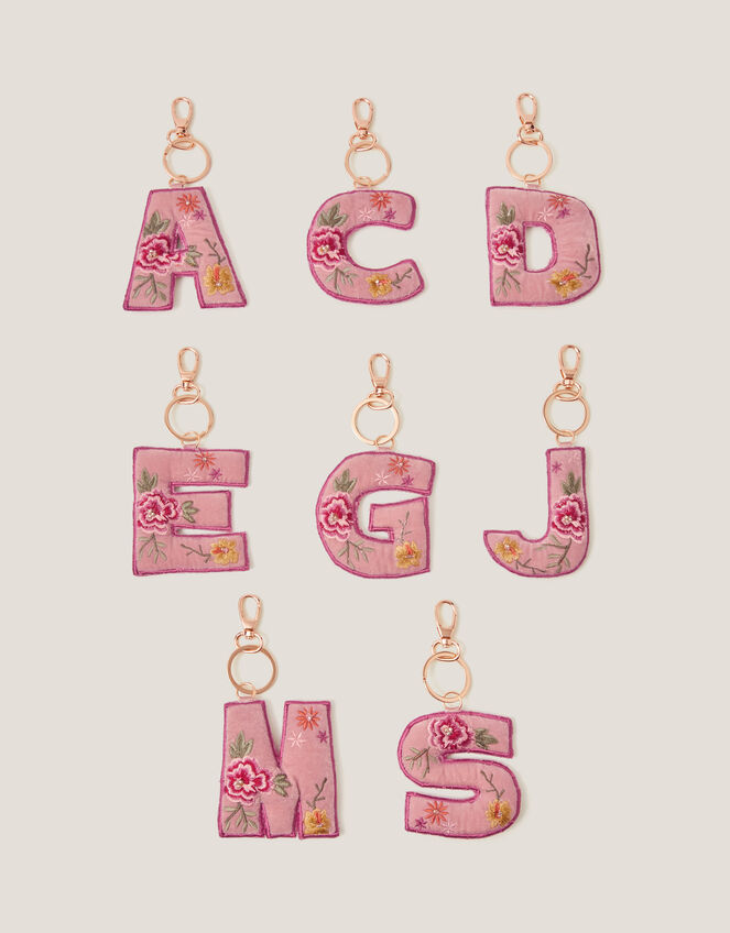 Floral Embroidered Initial Keyring, Pink (PINK), large