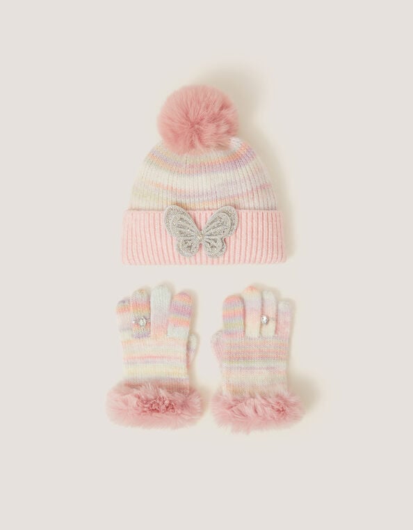 Faux Fur Butterfly Hat & Gloves Set, Multi (MULTI), large