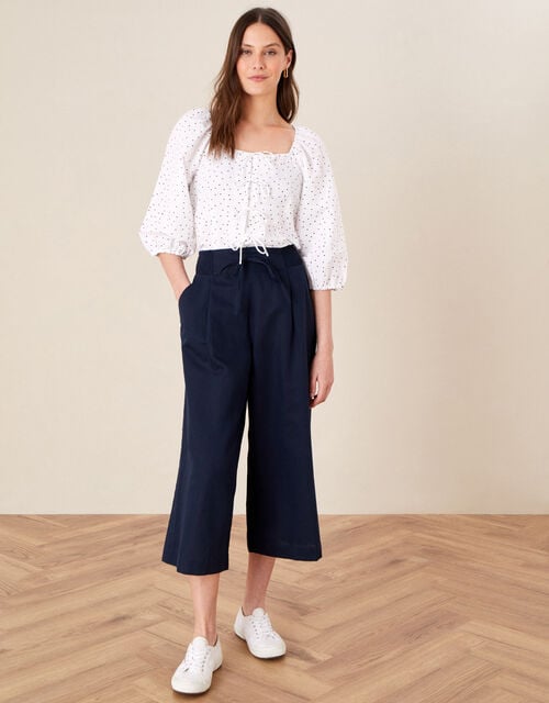 Drawstring Culottes in Linen Blend, Blue (NAVY), large