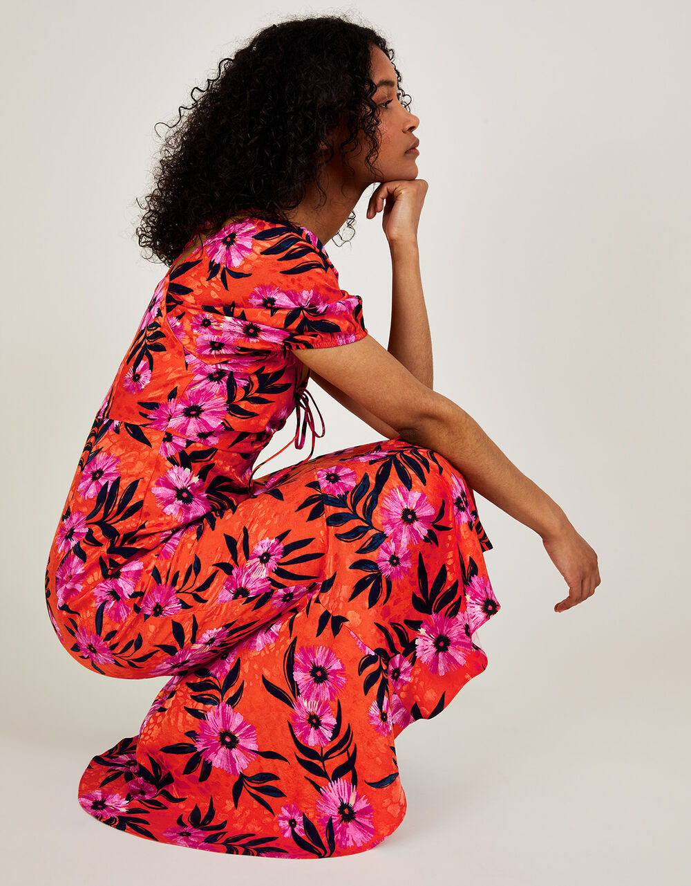 Women Dresses | Kerry Satin Jacquard Floral Print Dress Orange - PV08478