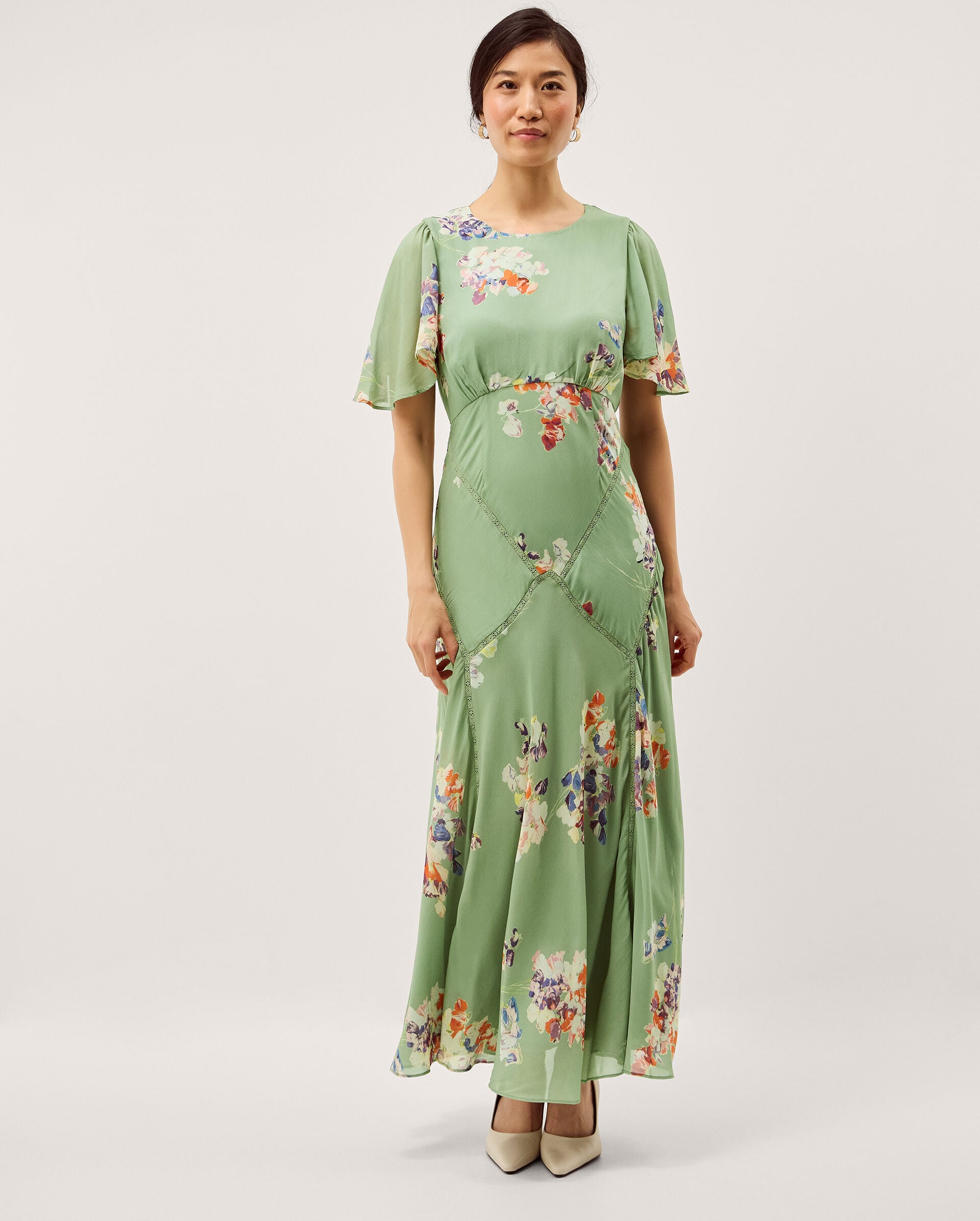 Amber Flutter Floral Print Maxi Dress Green