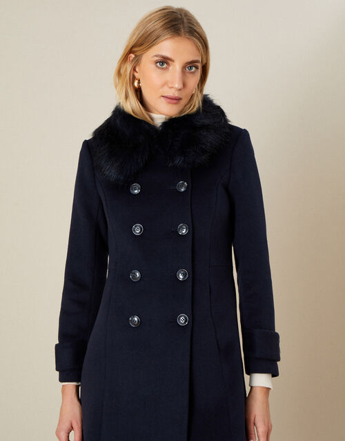 Fiona Faux Fur Collar Coat Blue Women, Women S Black Coat With Fur Collar Uk