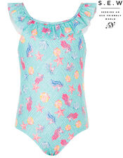 Laverna Unicorn Frill Swimsuit with Recycled Polyester, Blue (TURQUOISE), large