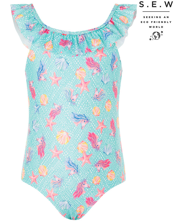 Laverna Unicorn Frill Swimsuit with Recycled Polyester, Blue (TURQUOISE), large
