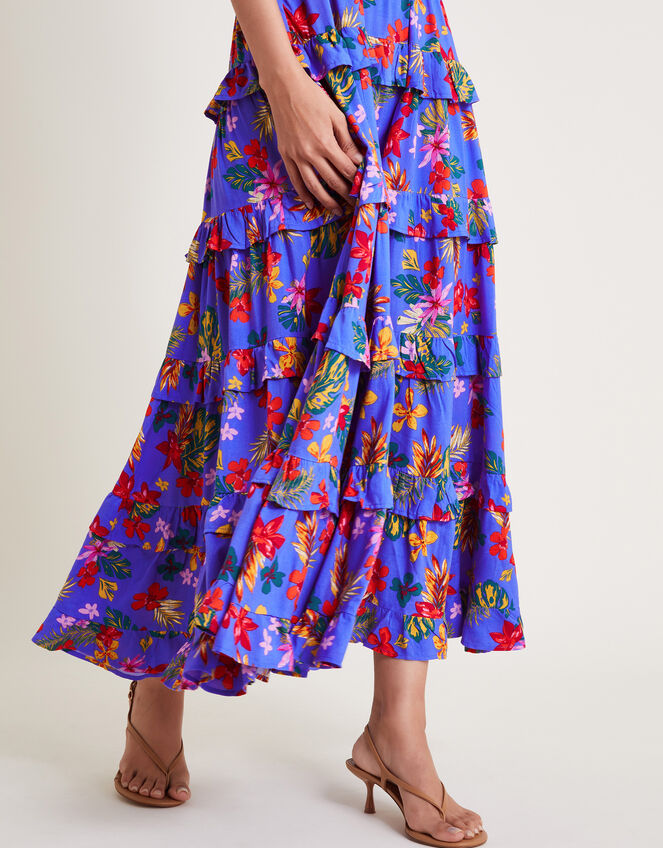 Miley Floral Smocked Ruffle Maxi Dress, Blue (BLUE), large