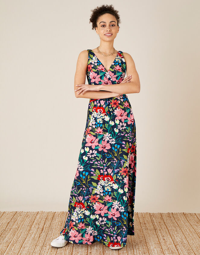Nicole Floral Slinky Jersey Maxi Dress, Blue (NAVY), large