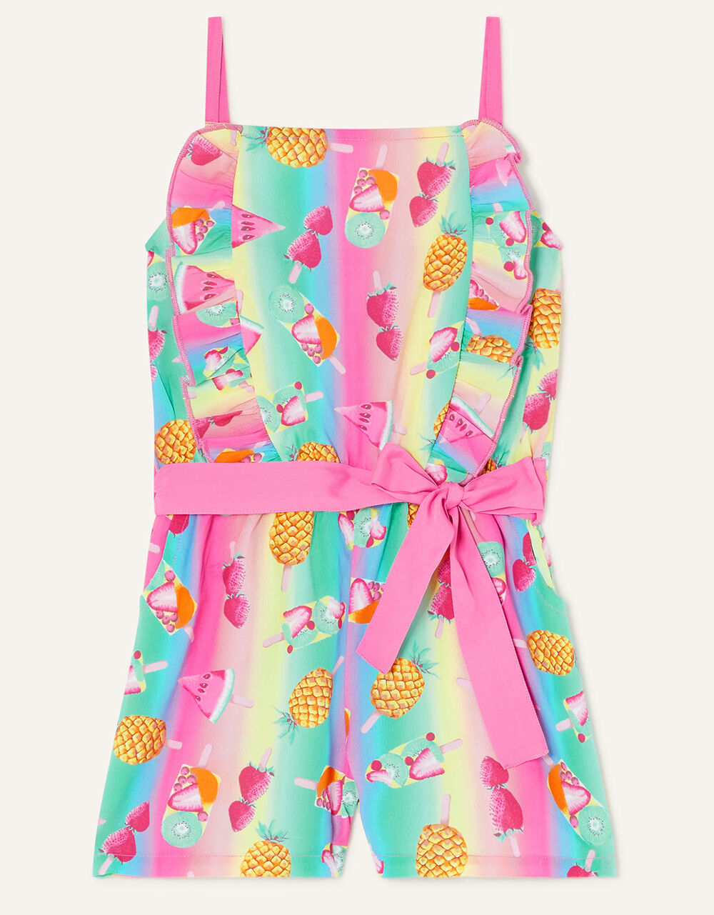 Children Girls 3-12yrs | Fruit Stripe Ruffle Front Playsuit Pink - WL54416