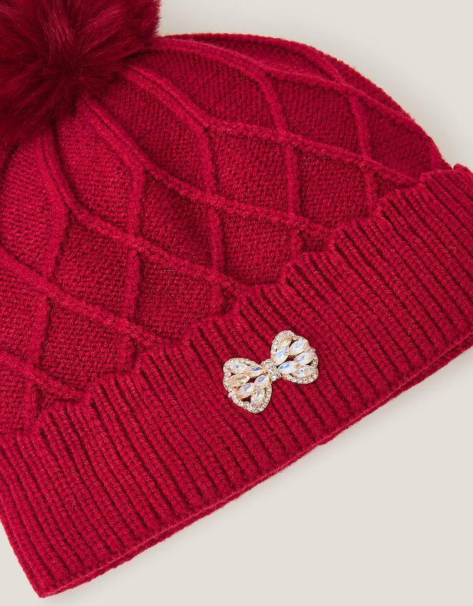 Bow Pom-Pom Beanie Hat, Red (RED), large