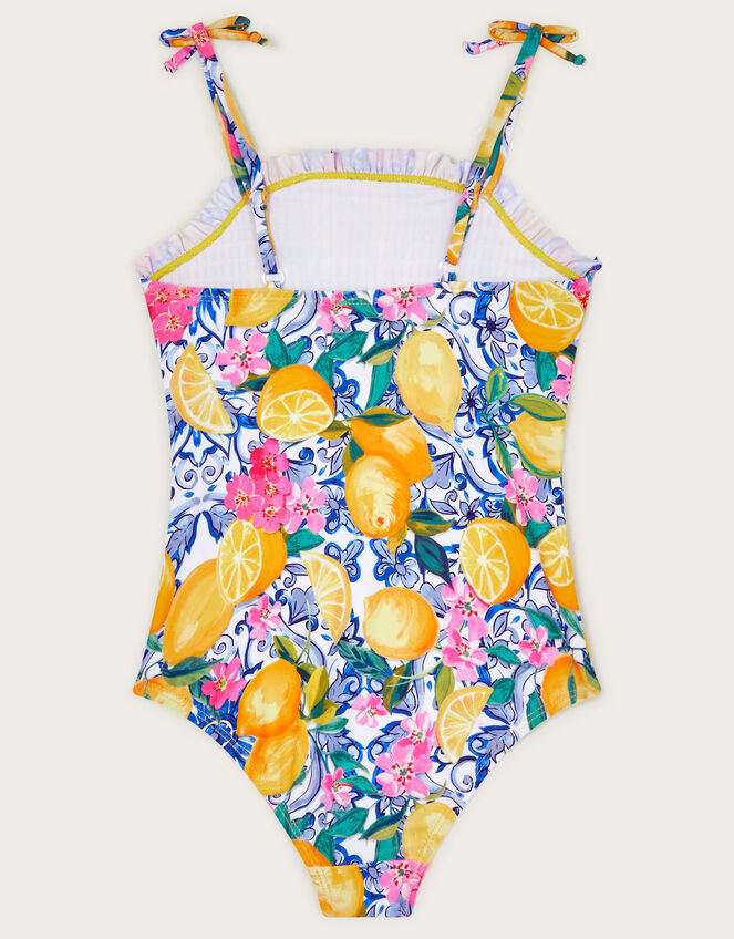 Lemon Print Smocked Swimsuit, Yellow (YELLOW), large