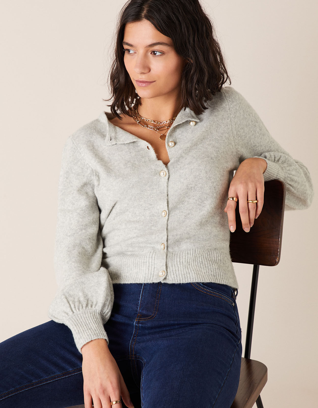 Pearl Button Cropped Cardigan Grey