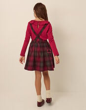 Frill Top & Tartan Pinafore Dress Set, Red (BURGUNDY), large