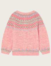 Fair Isle Knit Cardigan in Recycled Polyester, Pink (PINK), large