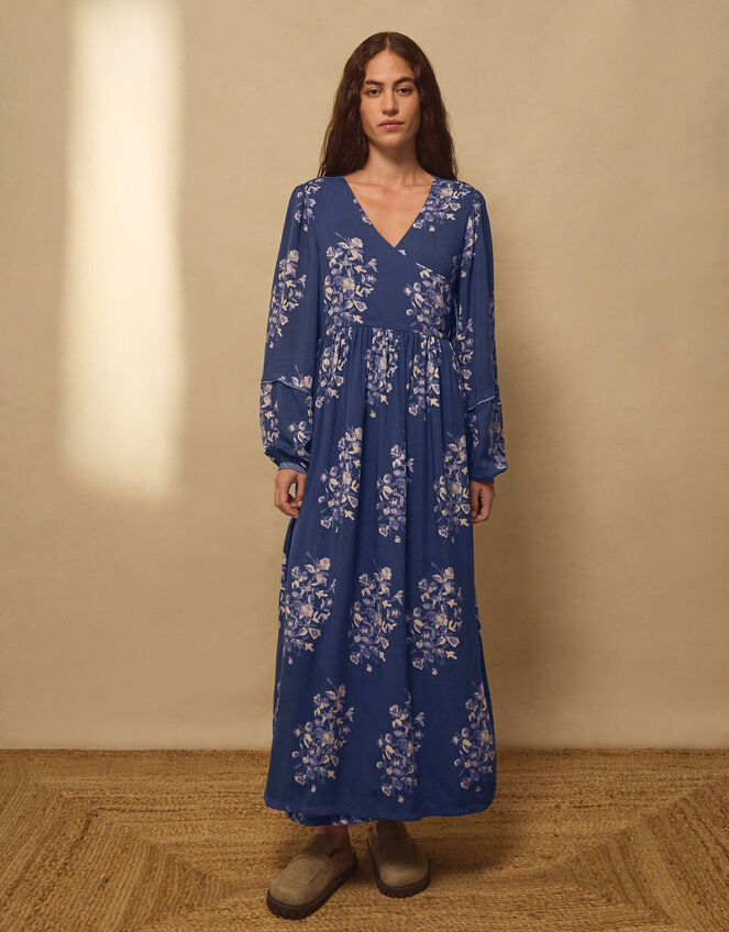 East Kerstin Floral Print Midi Wrap Dress, Blue (BLUE), large