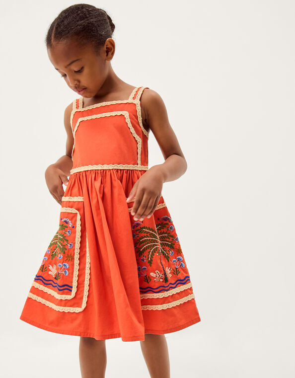 Monsoon x Charlie Taylor Palm Embroidered Dress, Orange (ORANGE), large