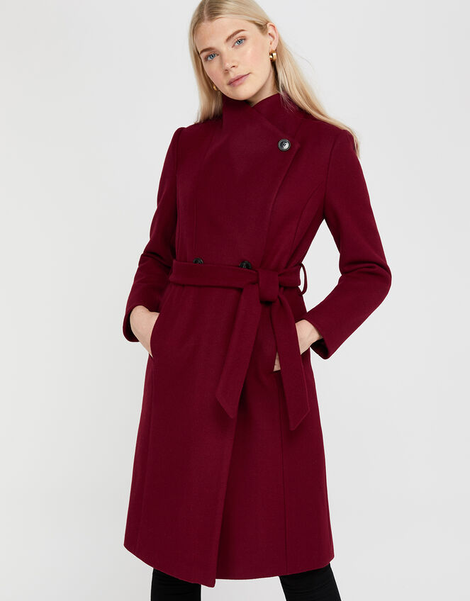 Rita Wrap Collar Long Coat , Red (BURGUNDY), large