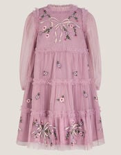 Floral Bow Embellished Tulle Dress, Purple (PURPLE), large
