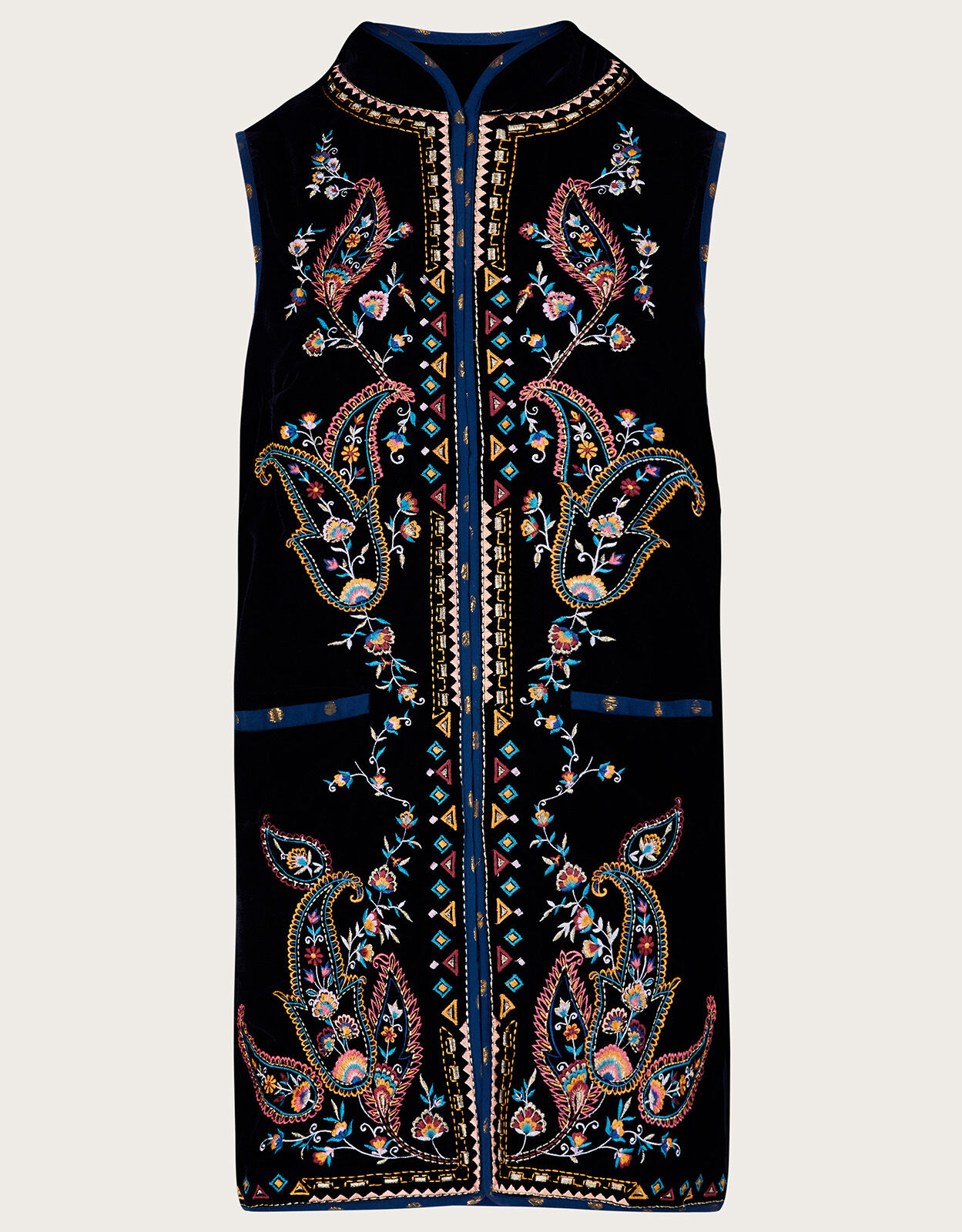 Jordan Paisley Embroidered Longline Velvet Waistcoat Black