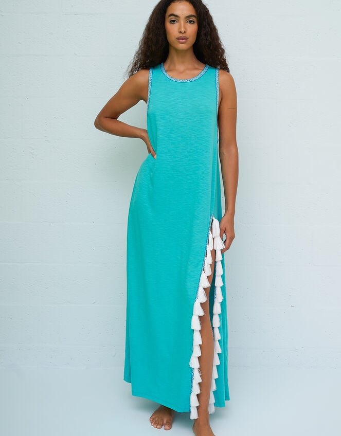 Pitusa Tassel Side Slit Maxi Beach Dress, Teal (TEAL), large