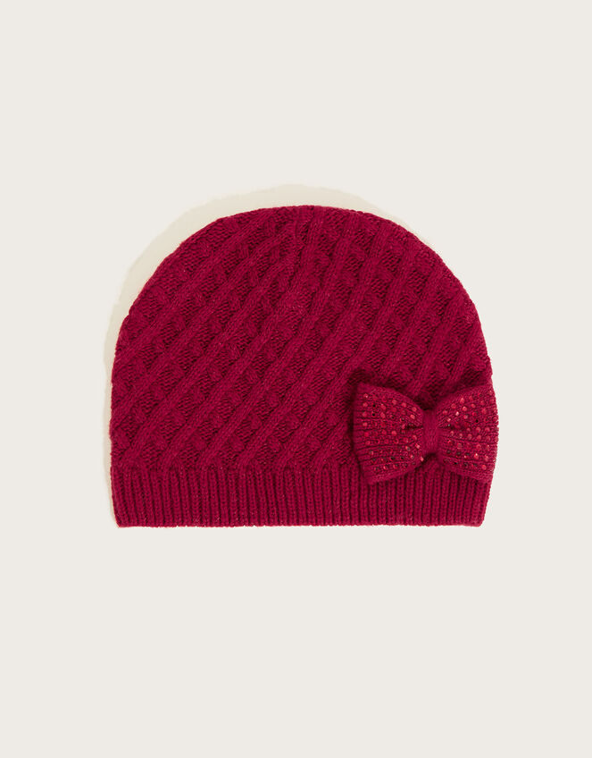Knit Bow Beanie with Recycled Polyester, Red (RED), large